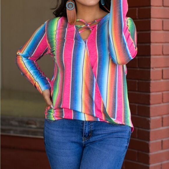 FUCHSIA SERAPE CRISS CROSS NECKLINE TOP - Picture 1 of 2